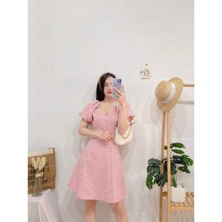 ĐẦM VÁY CARO HỒNG TAY KIỂU XẾP LY TÙNG TRƯỚC - Hình Shop Chụp Thật