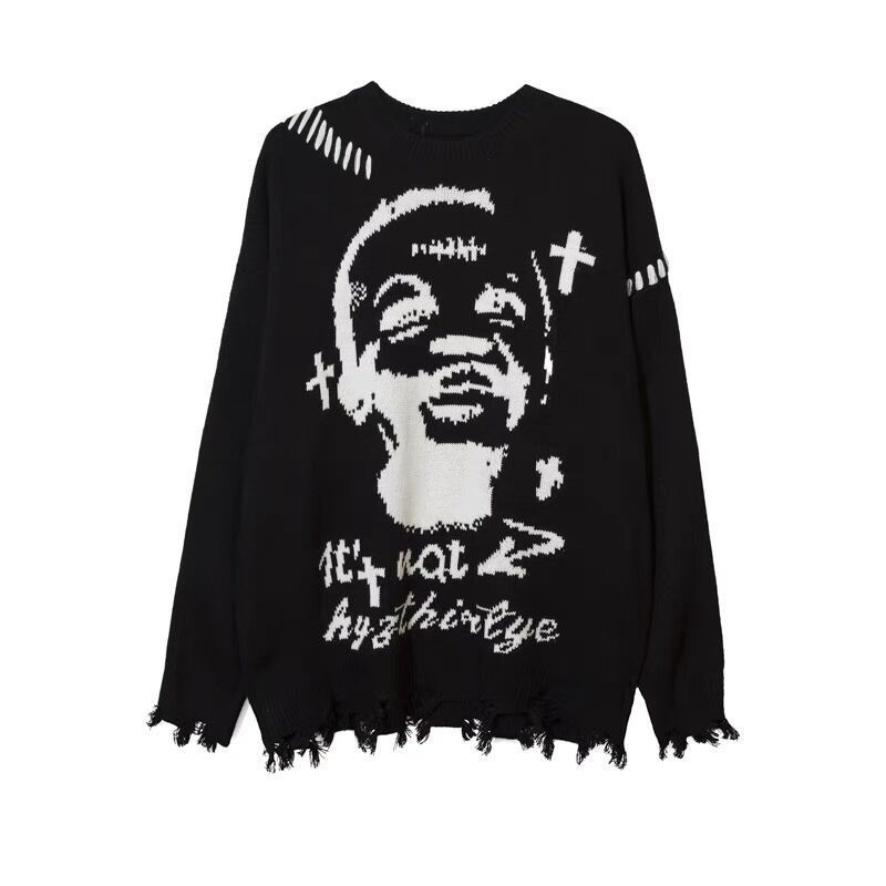 Jiashucheng Áo Sweater Dệt Kim Dáng Rộng Rách Cá Tính