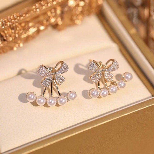 bông tai móc phía sau đính đá và châu sang chảnh, khuyên tai nơ tiểu thư