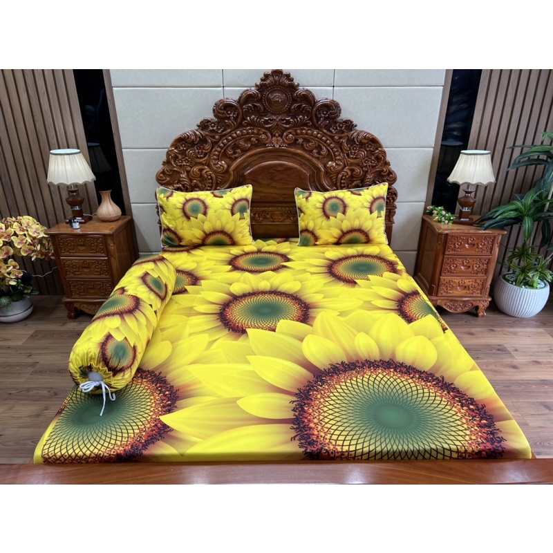 Bộ ga gối hoa hướng dương thun siêu mát lạnh 5D cao cấp ý