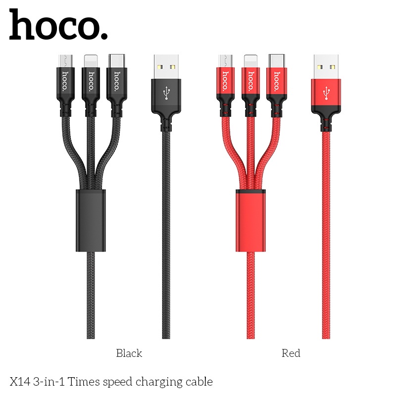 [Bh 12Th]Cáp Sạc Nhanh Siêu Bền 3 Đầu Chính Hãng Hoco X14 2.4A Dây Dài 1M Type C/Micro USB/Cho Ip6 7 8 Plus Xs Max