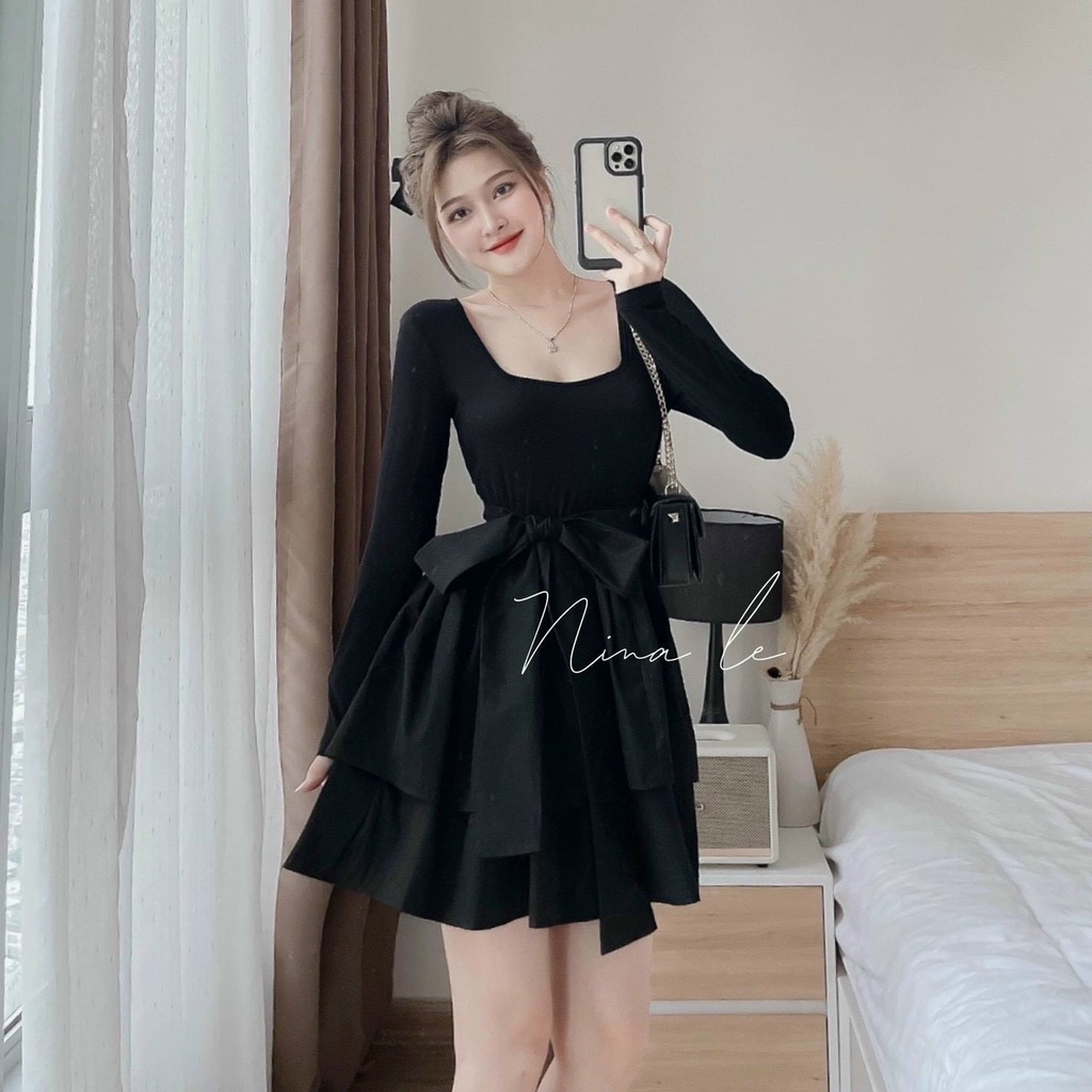 [12.12 Sales Freeship] Set váy tiểu thư, set áo thun đen tay dài cổ tròn phối chân váy xòe tầng cột nơ eo cá tính dx