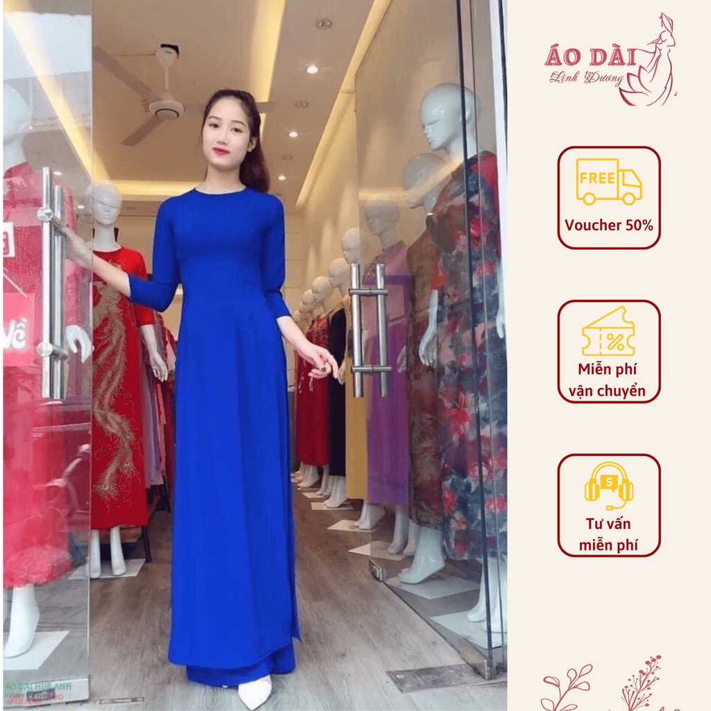 Áo dài nữ trơn màu xanh coban may sẵn lụa Nhật cao cấp hàng thiết kế