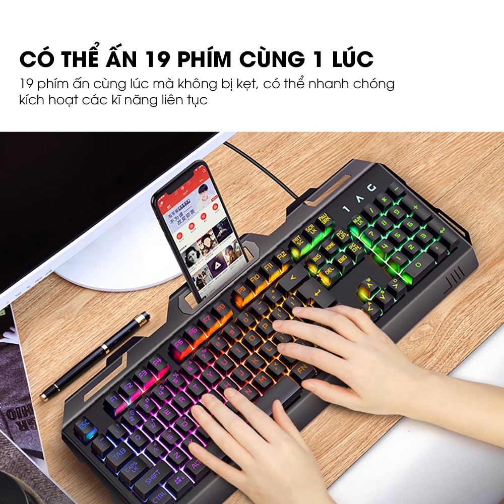 Bàn phím máy tính giả cơ SIDOTECH V2 có dây gaming 104 key đèn led rgb chống nước khung kim loại cứng cáp chống va đập