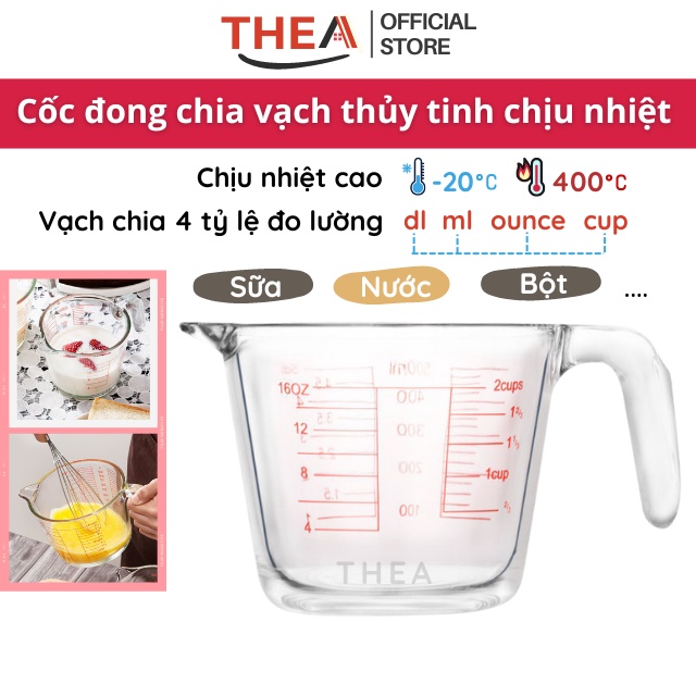Ca đong ml chia vạch thủy tinh, cốc đong định lượng, ly thủy tinh chia vạch đo lường đa dung tích 500ml, 1000ml - THEA