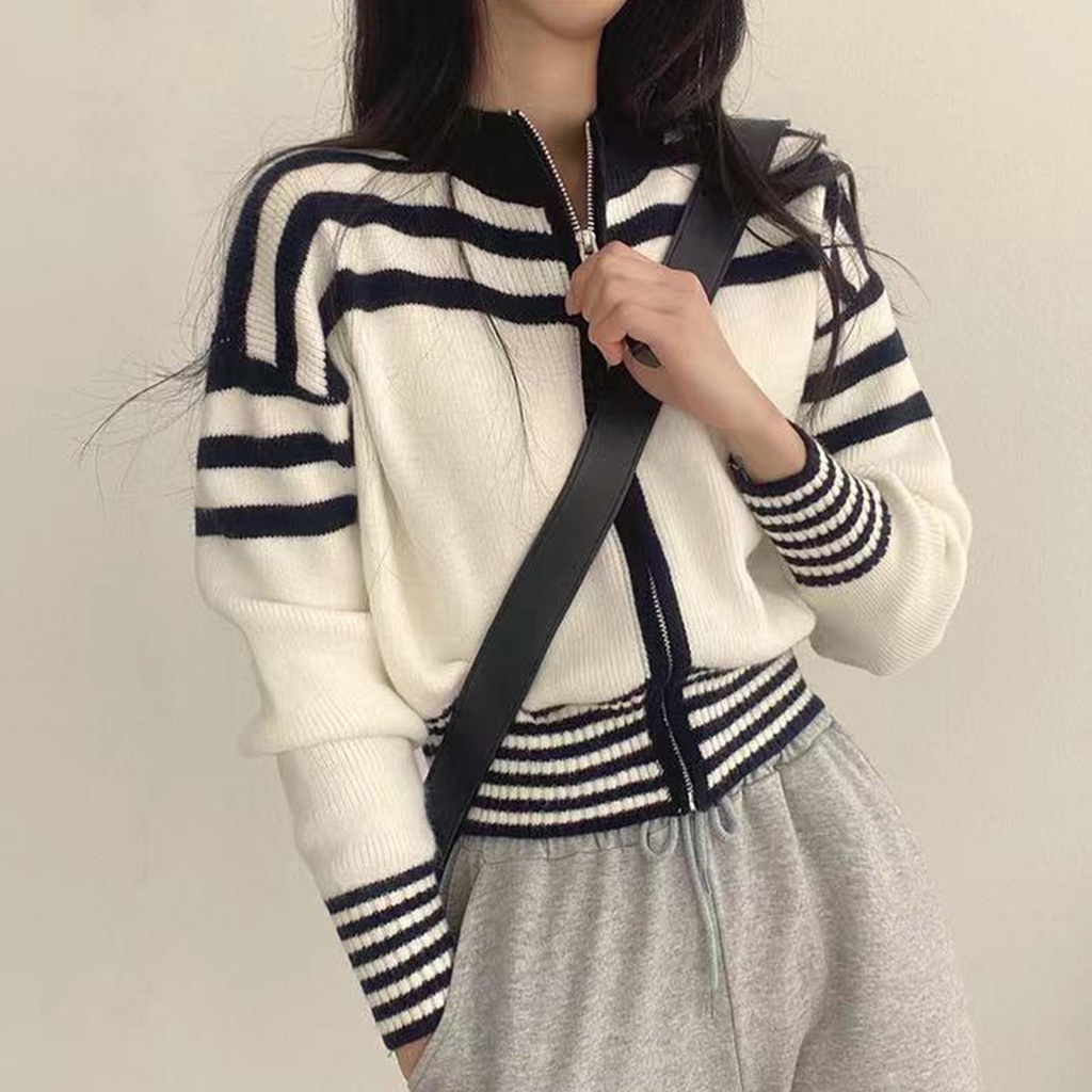 Áo cardigan dệt kim SUXI tay dài cổ đứng có khóa kéo phong cách Hàn Quốc thời trang mùa thu cho nữ