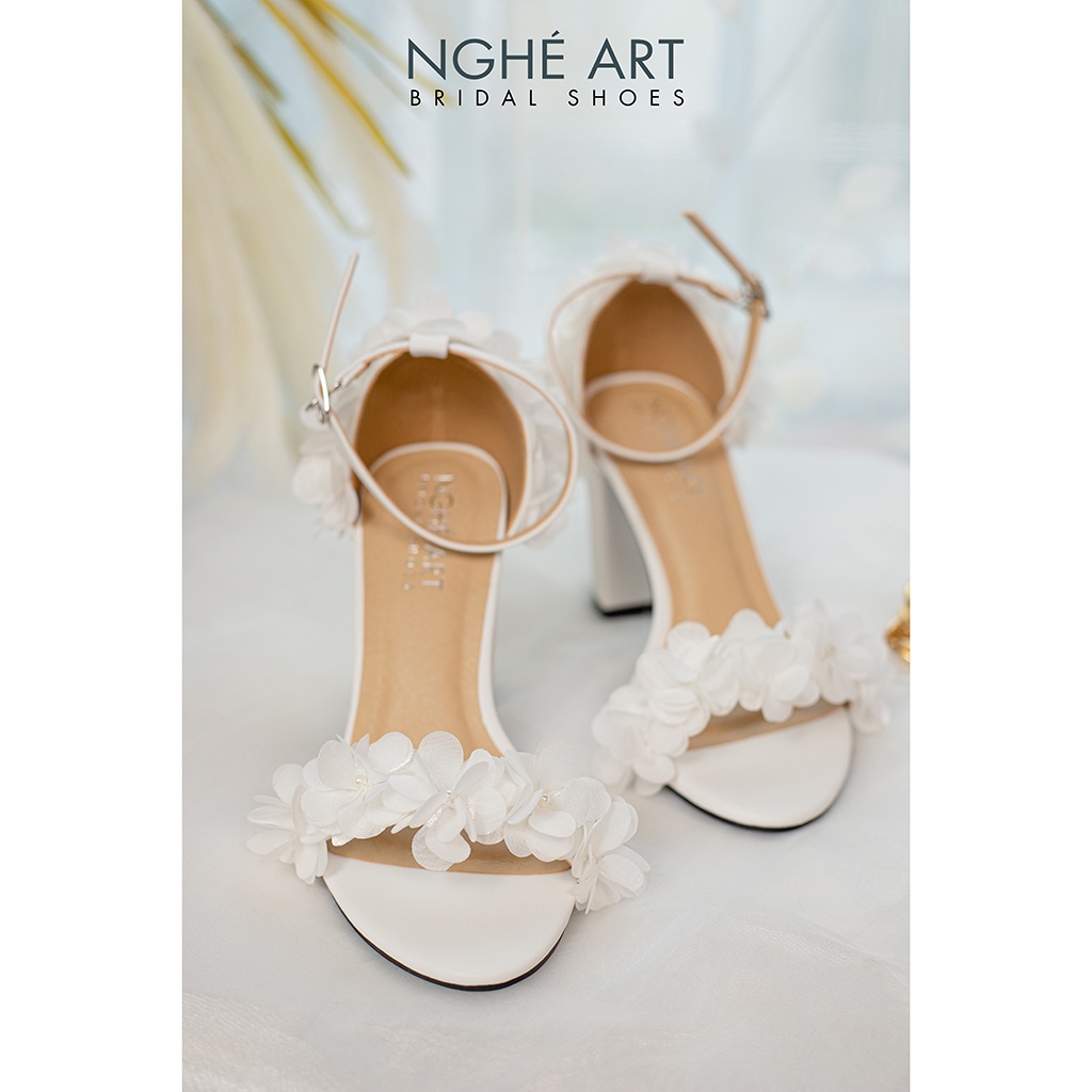 Giày cưới Nghé Art sandal trắng hoa voan 193