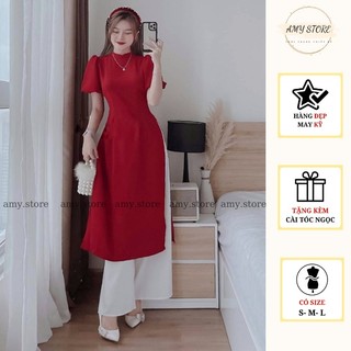 Set áo dài cách tân nữ, có size S-M-L, áo dài đỏ tết 2023 chất GẤM VÂN NỔI mềm đẹp, kiểu dáng tay phồng có cổ, phom xinh