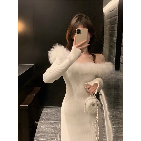 (Order) Đầm váy nữ len gân trễ vai viền lông đầm váy liền thân dáng dài ôm body màu trắng hot ulzzang