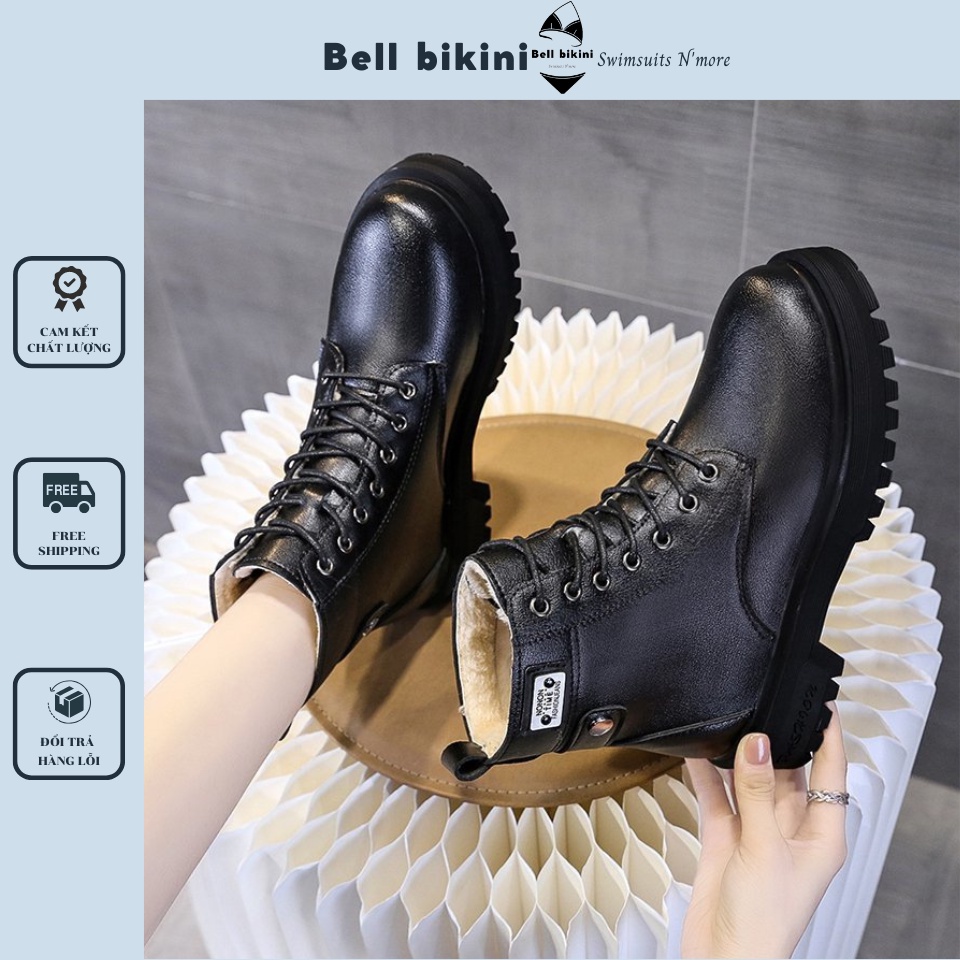 Bốt Nữ Da Mềm Lót Lông, Lót Nỉ Cổ Cao Đẹp - Giày Boot Nữ Buộc Dây Phong Cách Thời Trang Ulzzang Hàn Quốc - Bell - BT001