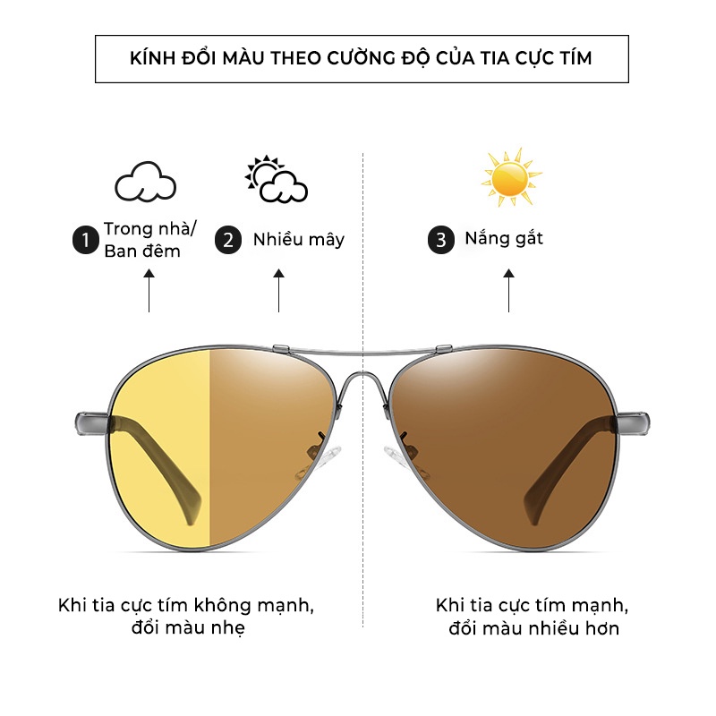 Kính Mắt Vàng Đi Đêm Tròng Đổi Màu Theo Cường Độ Ánh Sáng, Chống Tia UV Phân Cực Và Giảm Lóa Đa Chức Năng