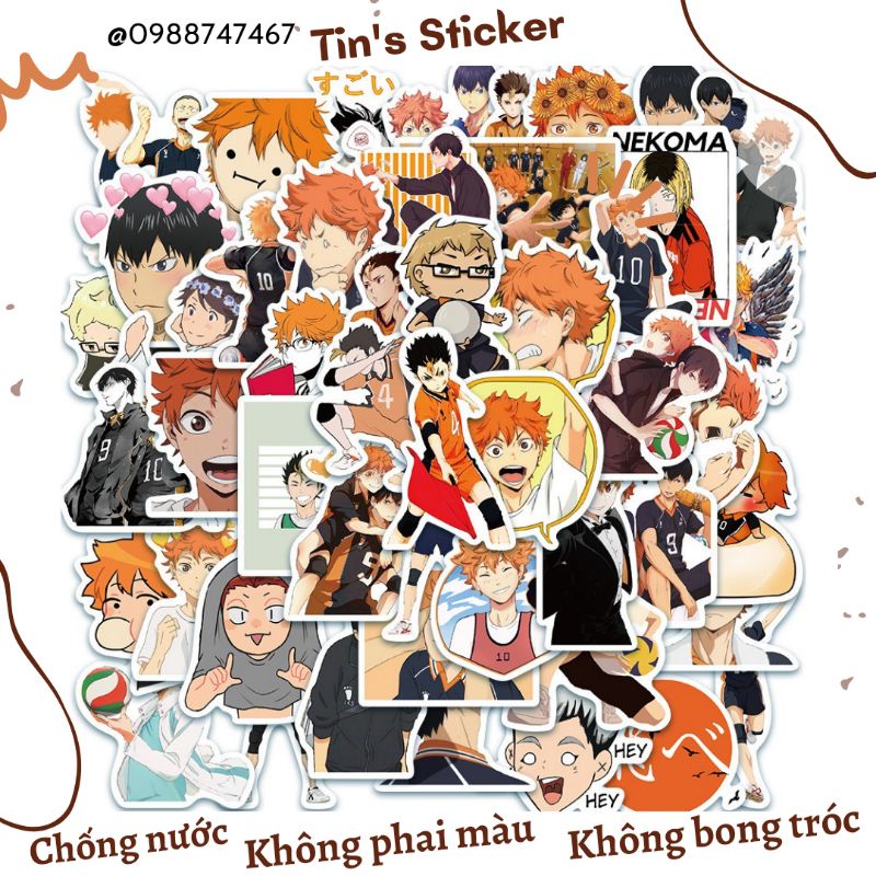 Set combo 50 miếng dán sticker hoạt hình anime Vua bóng chuyền Haikyuu chống thấm nước dán nón mũ bảo hiểm laptop vali