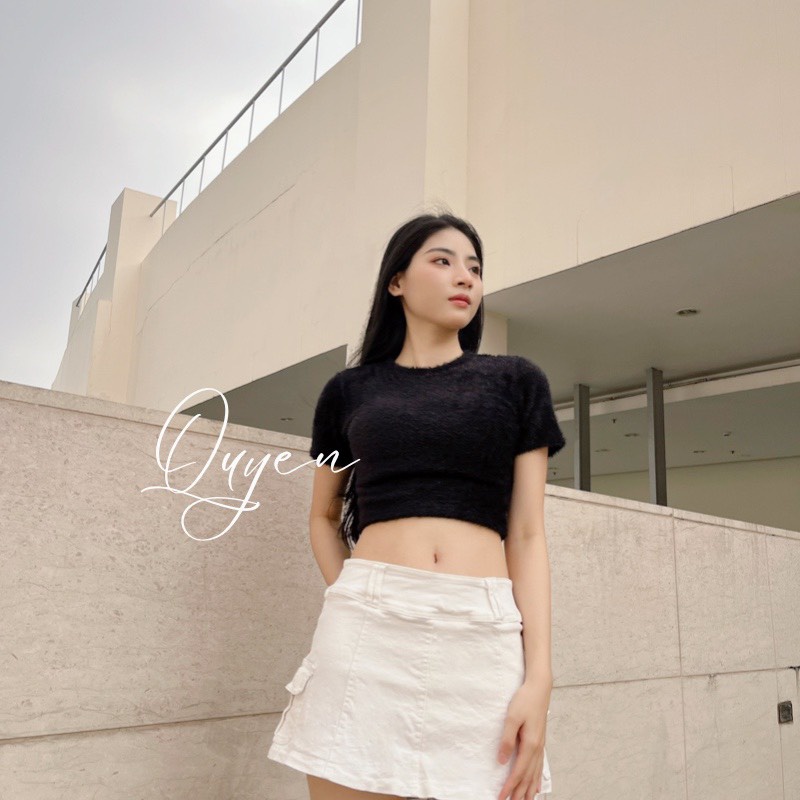 Áo Sweater QS Vải Nhung Lông Cổ Tròn Tay Ngắn Croptop QS QUYEN SHOP