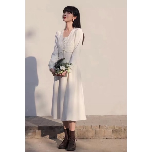 Váy nhung tăm nữ tính dài maxi gile ngắn phong cách Hàn