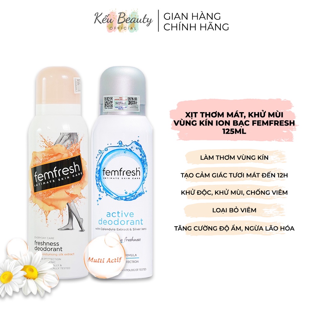 Xịt Thơm Mát, Khử Mùi Vùng Kín Chứa Ion Bạc Lưu Hương Suốt 12h Femfresh Deodorant Spray 125ml