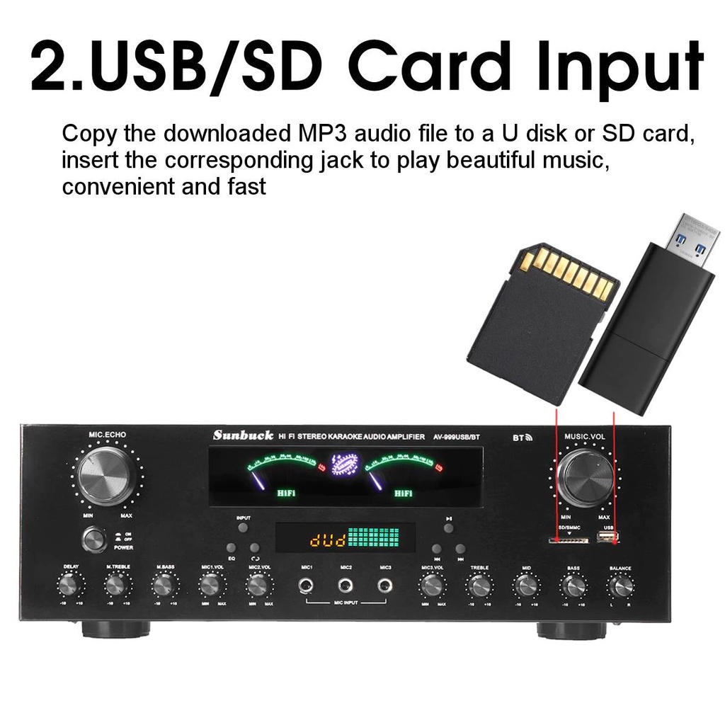 Amply bluetooth karaoke Sunbuck AV-999BT bass cực căng, công suất lớn, núm điều chỉnh volume, echo, bass, treble