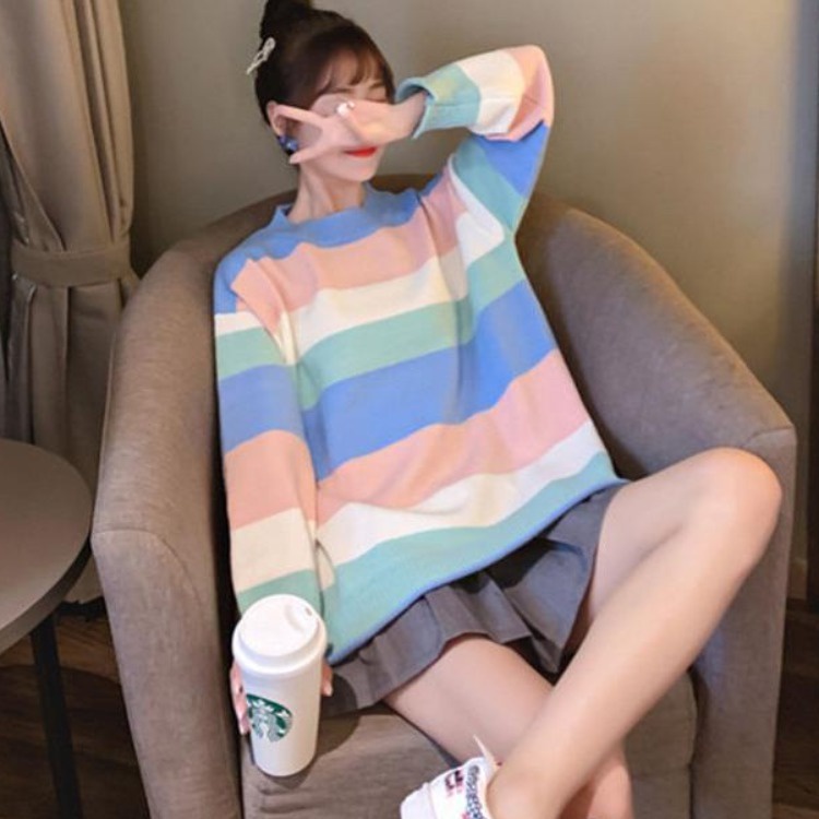Áo Sweater Dáng Rộng Họa Tiết Kẻ Sọc Màu Cầu Vồng Phong Cách Mới 2020 Dễ Phối Đồ
