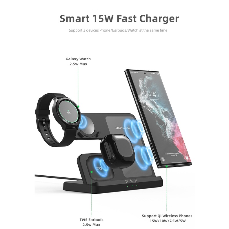 SAMSUNG Đế Sạc Không Dây 3 Trong 1 Cho galaxy watch 5 pro / 4 / 3 / active 2 / 1 s22 ultra note20 10 z flip 4 galaxy buds