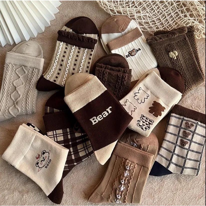 Tất cổ cao vintage MOKANA vớ cổ cao họa tiết xưa dệt kim co dãn kẻ gân thời trang TC16