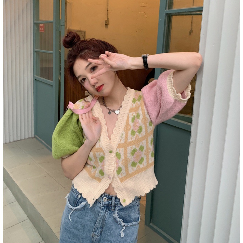 Áo Cardigan Dệt Kim Tay Ngắn Cổ Chữ V Dễ Thương Xinh Xắn