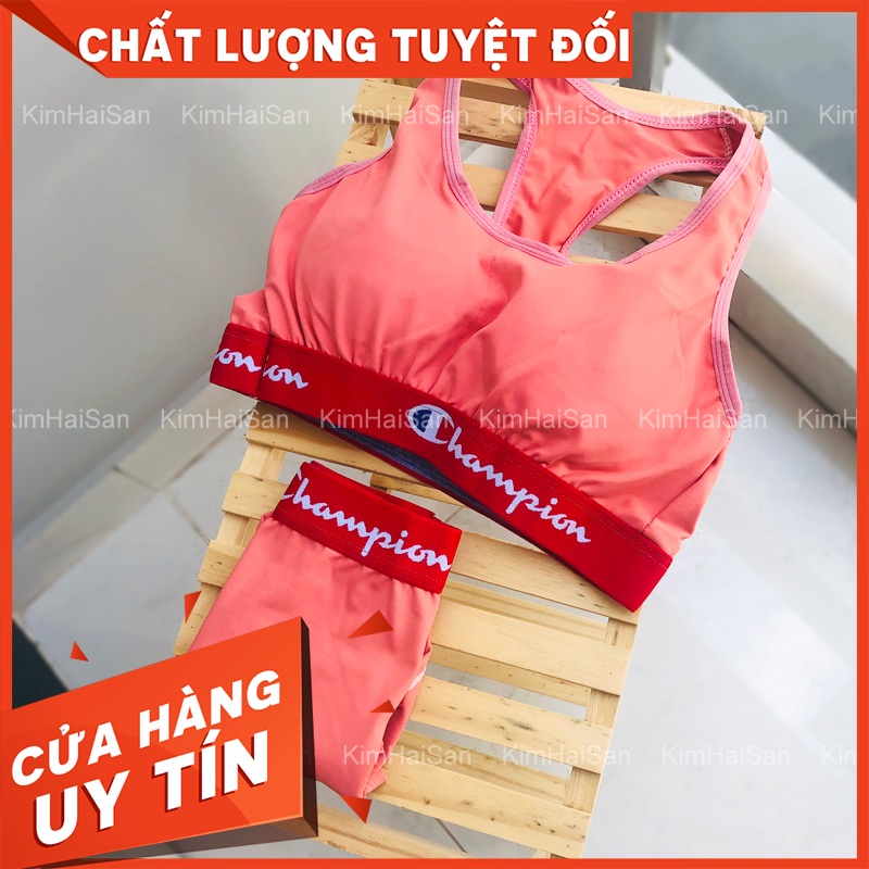 Bộ áo bra kèm quần lưng cao tập gym Champions chất cotton đanh lạnh chống xù lông