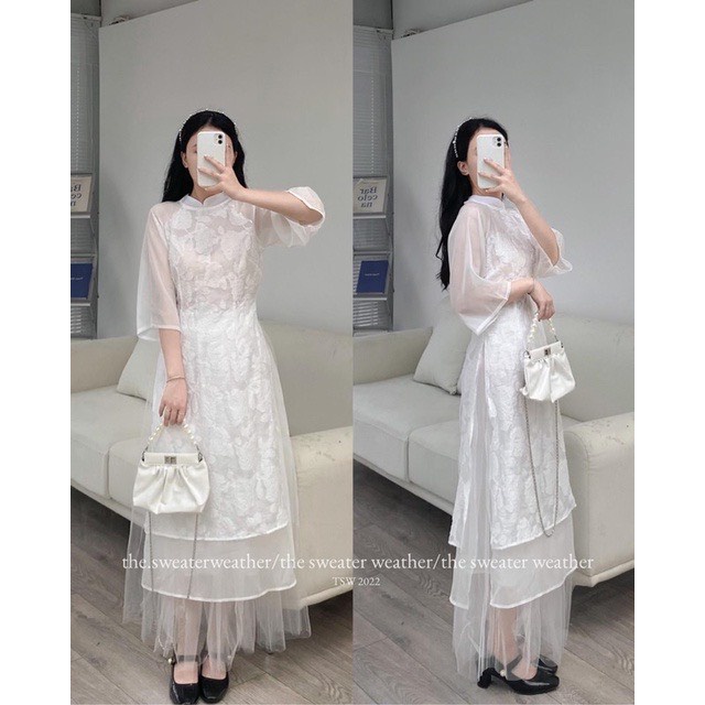Áo dài cách tân 4 tà phối chân váy voan xòe cạp chun mã Aodai213