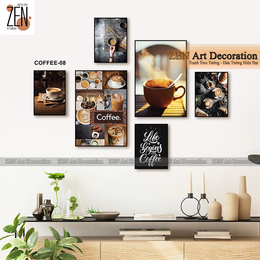 Tranh coffee, tranh dán tường bộ 6 trang trí decor quán cà phê trà sữa nhiều kích thước zen shop