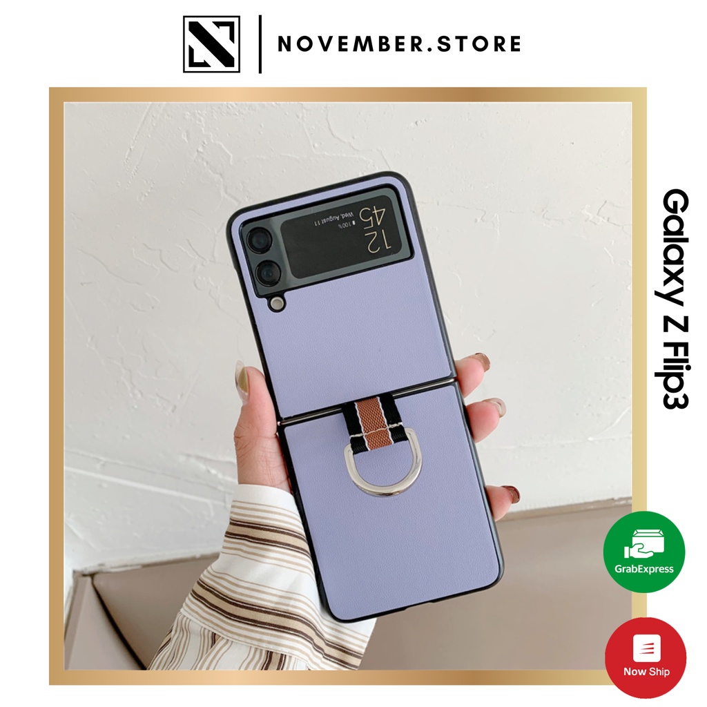 Ốp điện thoại Samsung Galaxy Z Flip 3 / Z Flip3 / ZFlip3 mặt lưng da kèm móc đeo tay