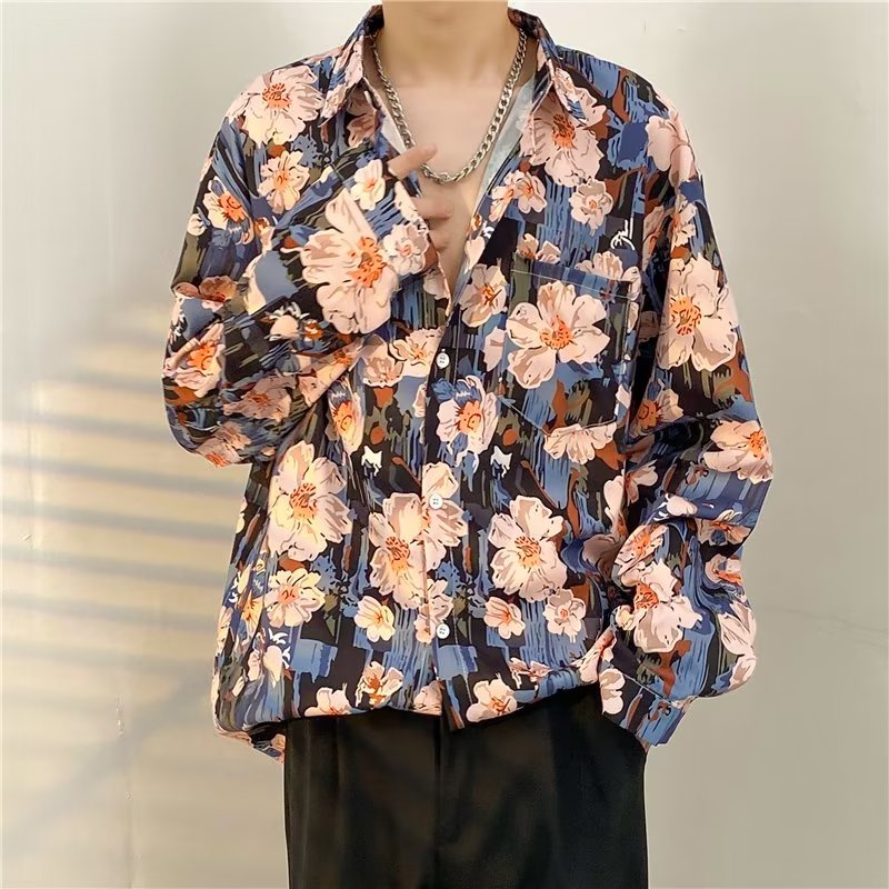 Áo Sơ Mi Nam Tay Dài Dáng Rộng In Họa Tiết Hoa Phong Cách Hàn Quốc Thời Trang Mùa Thu 2022