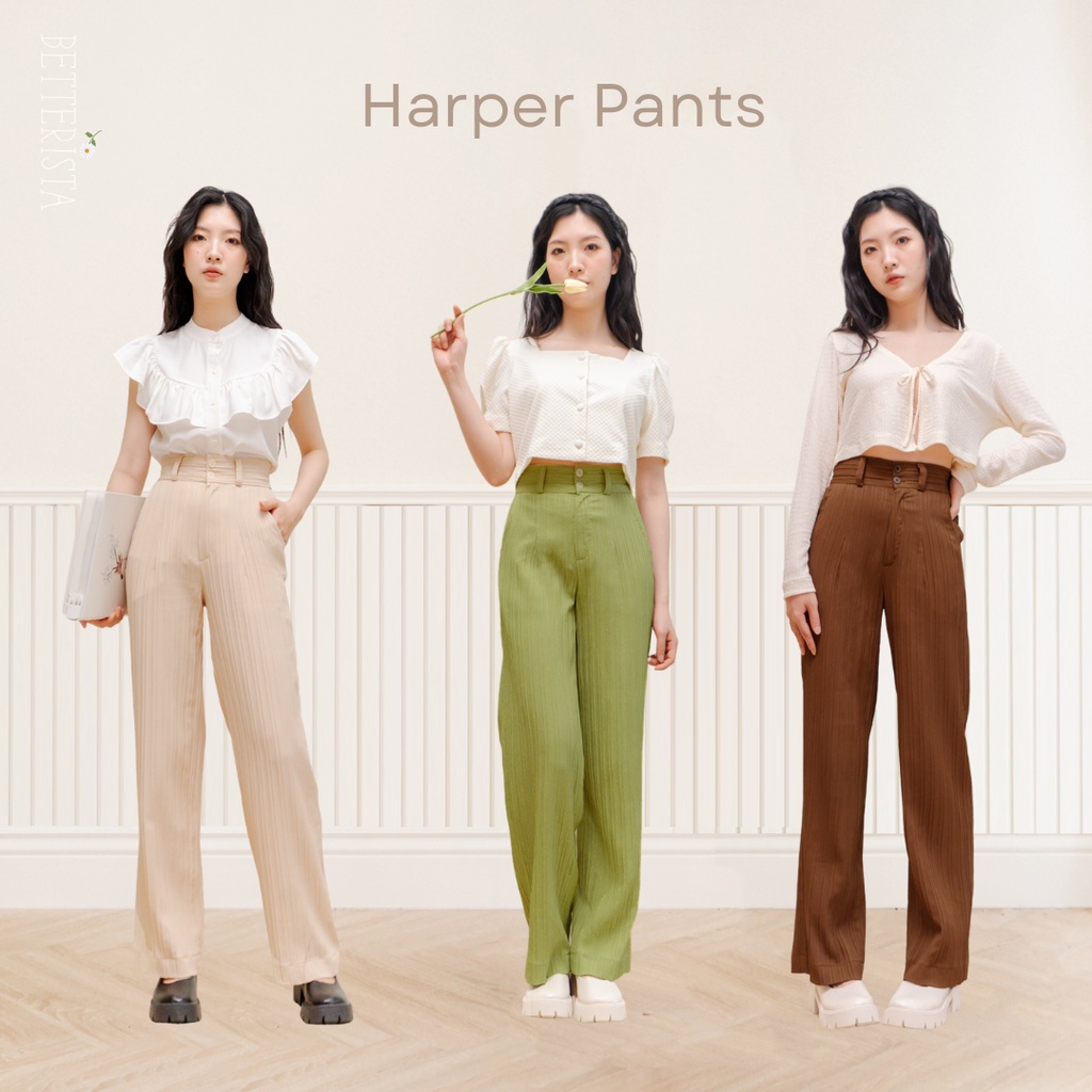 Quần cạp cao dáng suông với vải gân dọc Harper Pants Betterista, 3 màu be, xanh bơ, nâu đậm