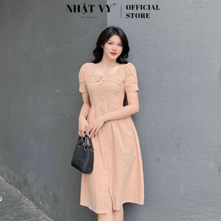 Đầm dự tiệc Nhật Vy cổ vuông nút bọc tay phồng form dáng xòe chất linen phù hợp công sở đi chơi sang chảnh - D2550