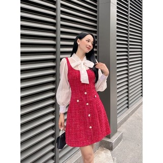 [Ảnh thật + video] Đầm dạ tweed đỏ phối tơ