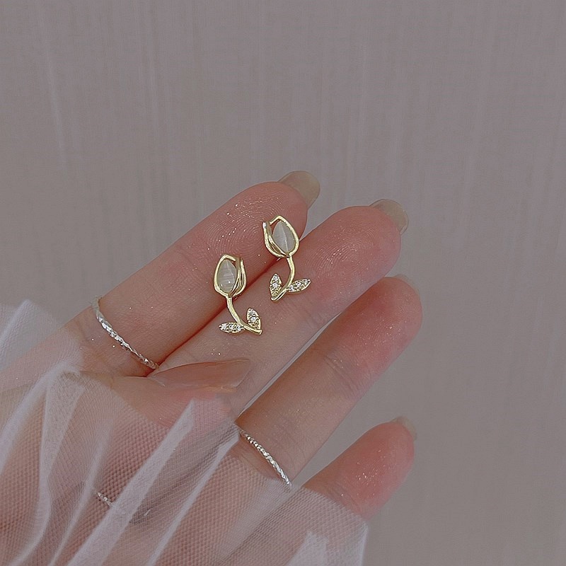 Đôi khuyên tai DODDER thiết kế hoa tulip đính đá mặt trăng nhân tạo thời trang cho nữ