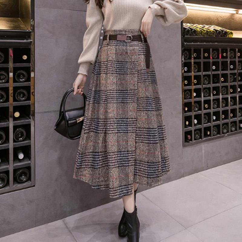 Qooth Thu Đông Vintage Ca Rô Len Dài Váy Thanh Lịch Lưng Thun Cao Cấp Houndstooth Váy Chữ A QT1990