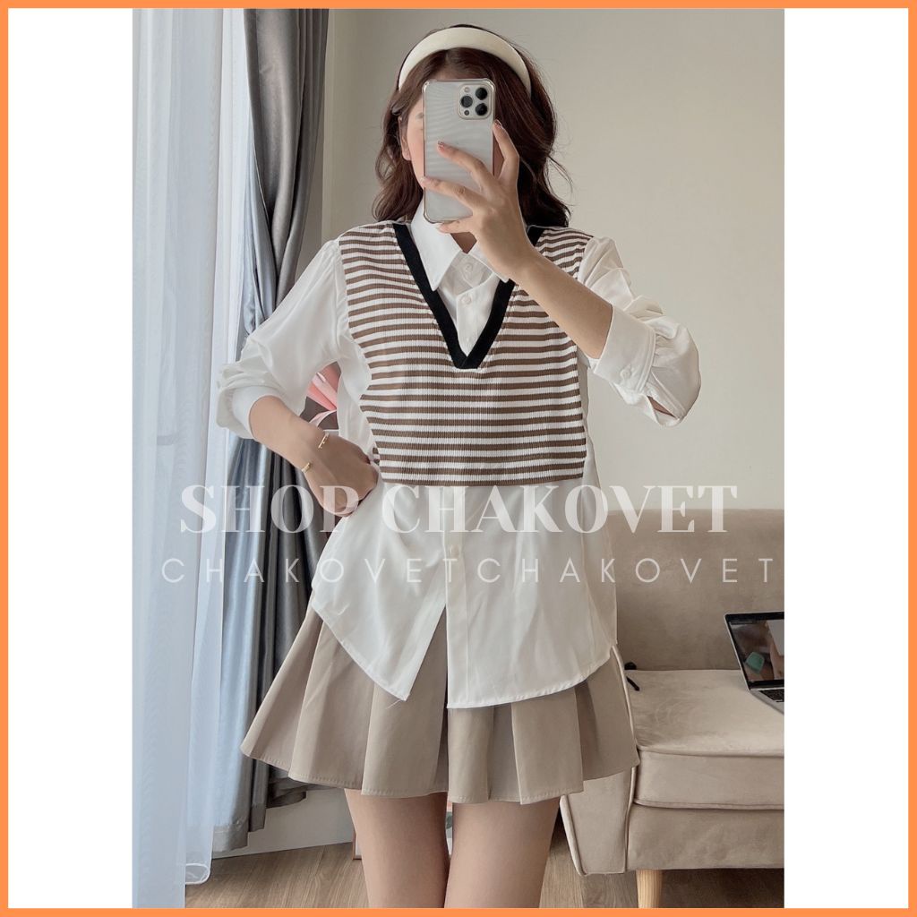 Áo Sơ Mi Nữ Dài Tay Ulzzang A8515 kiểu Áo Cách Điệu Giả Len Mongtoghi Kẻ Ngang Nhiều Màu Sành Điệu Cực Xinh - CHAKOVET