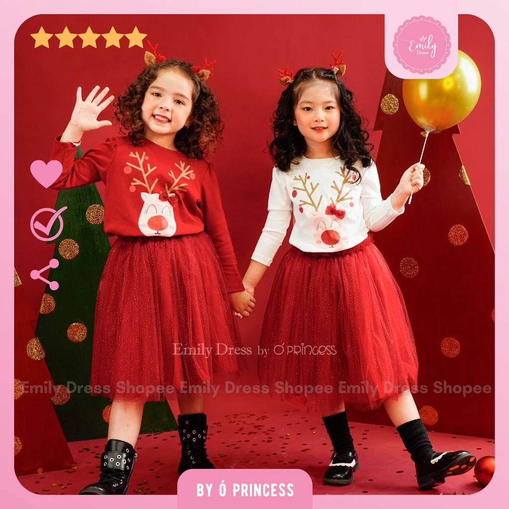 Set váy công chúa Tuần Lộc Giáng Sinh, áo cotton kèm chân váy tutu xòe bồng cho bé gái [JJ01]