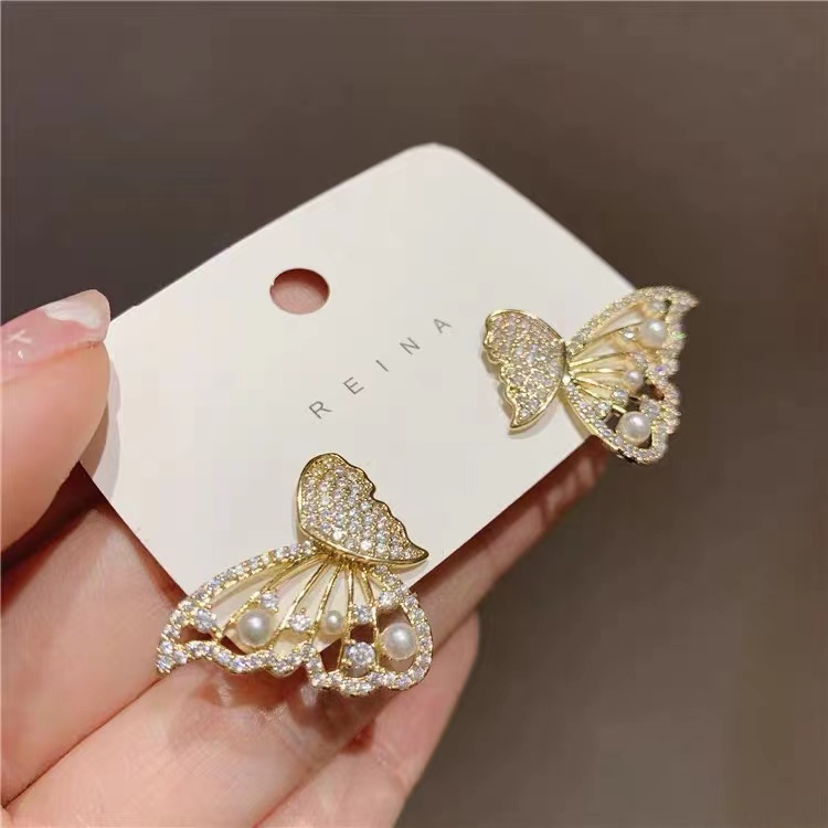 Bông Tai Hai Lớp Hình Bướm Đính Đá zircon Ngọc Trai Thời Trang Thu Đông 2022 Mới Phong Cách retro niche