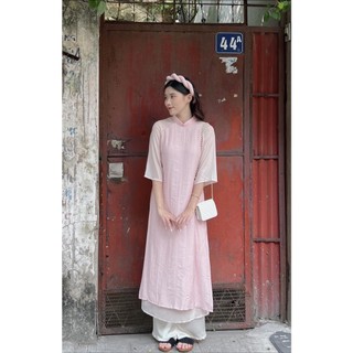 Ad5593 áo dài tơ tằm phối voan kèm mấn tết 4 tà quần lụa cạp chun audrey