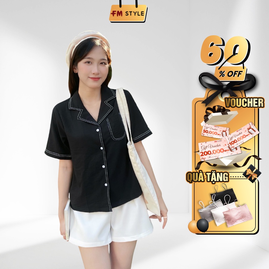 Áo sơ mi nữ tay ngắn FMSTYLE cổ vest chất đũi xịn hoạ tiết chỉ nổi mang đi học đi làm siêu xinh 220323406