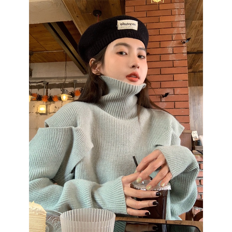 ZHELIHANGFEI Áo Len Tay Dài Cổ Cao Form Rộng Kiểu Dáng Ngọt Ngào