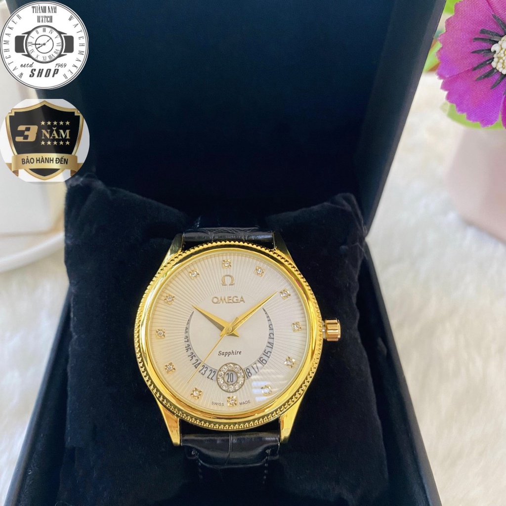 Đồng hồ Nam Omega mặt trăng khuyết,  Dây da cao cấp, Full hộp, Mặt Sapphire chống xước, chống nước thẻ bảo hành 36 tháng