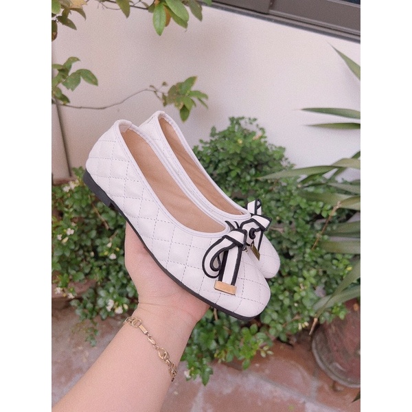Giày búp bê nữ chần chỉ mũi vuông nơ nhỏ đẹp mềm êm chân