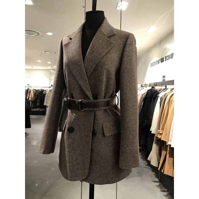 Áo Khoác Blazer Len Eo Cao Buộc Dây Họa Tiết Xương Cá Phong Cách Hàn Quốc Thời Trang Thu Đông 2022 Mới