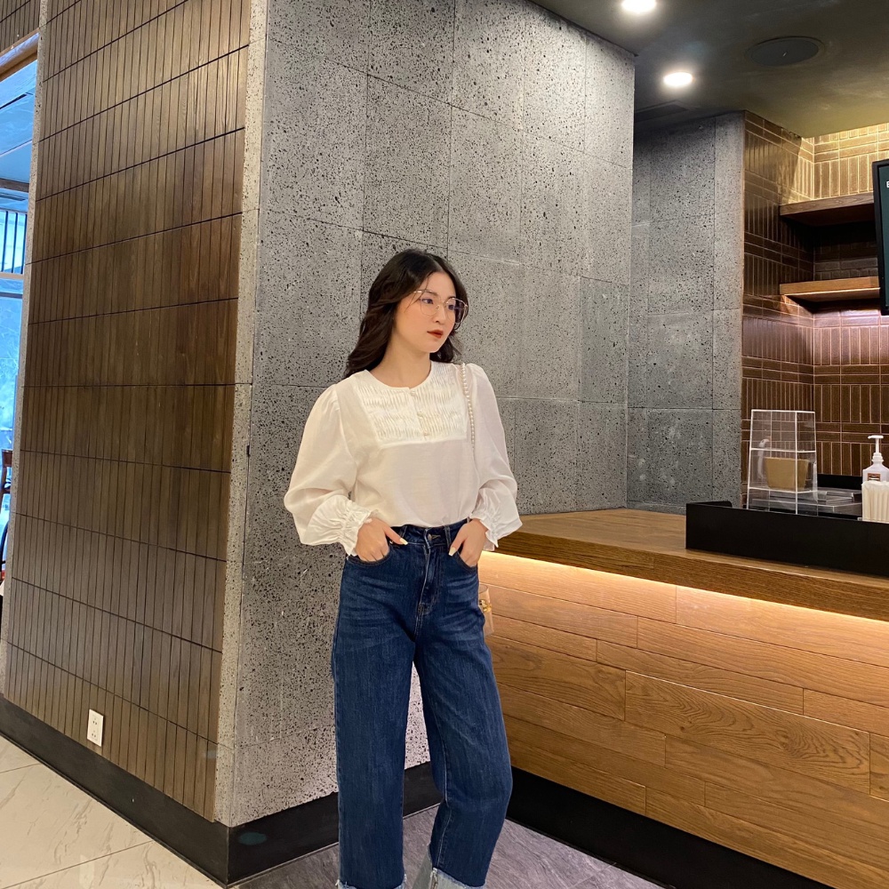 Áo sơ mi kiểu tay dài màu trắng chất tơ lụa Hàn, mềm mịn - M165