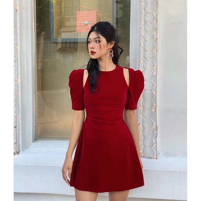 [ 𝐅𝐑𝐄𝐄 𝐒𝐇𝐈𝐏 ]   Váy nhung cứng tay bồng, khoét vai , ✅ 2 màu đen đỏ cực đẹp