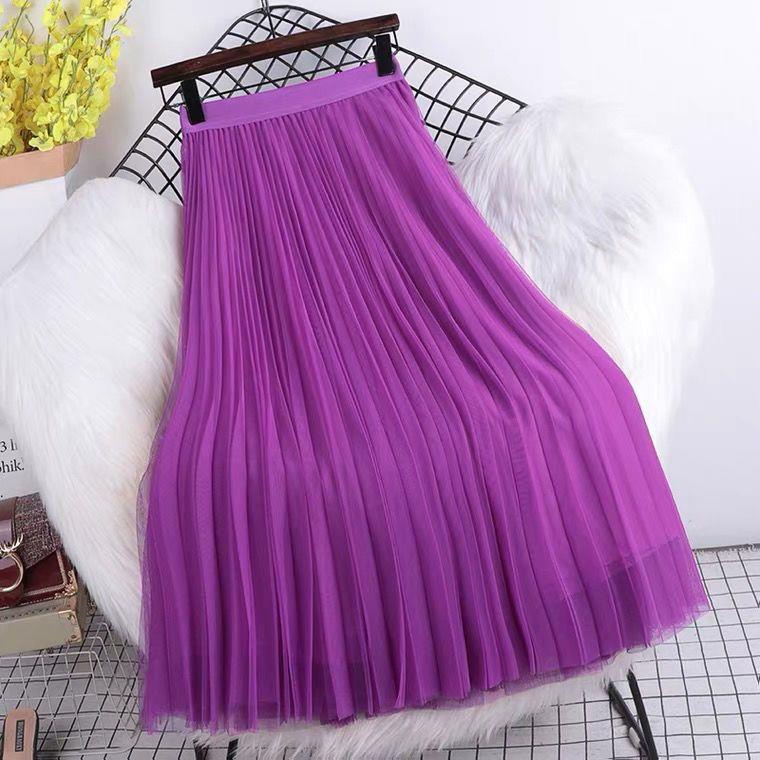 Chân Váy Lưới Xếp Ly Dáng Xòe Dài Lưng Cao Màu Trơn Dễ Phối Đồ