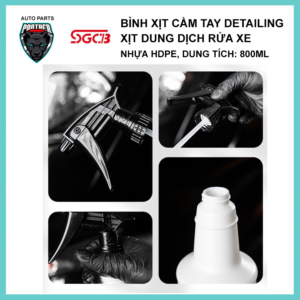 Bình xịt hóa chất cầm tay rửa xe chăm sóc xe hãng SGCB nhựa HDPE 2 màu đầu phun Đen và Bạc 800mL