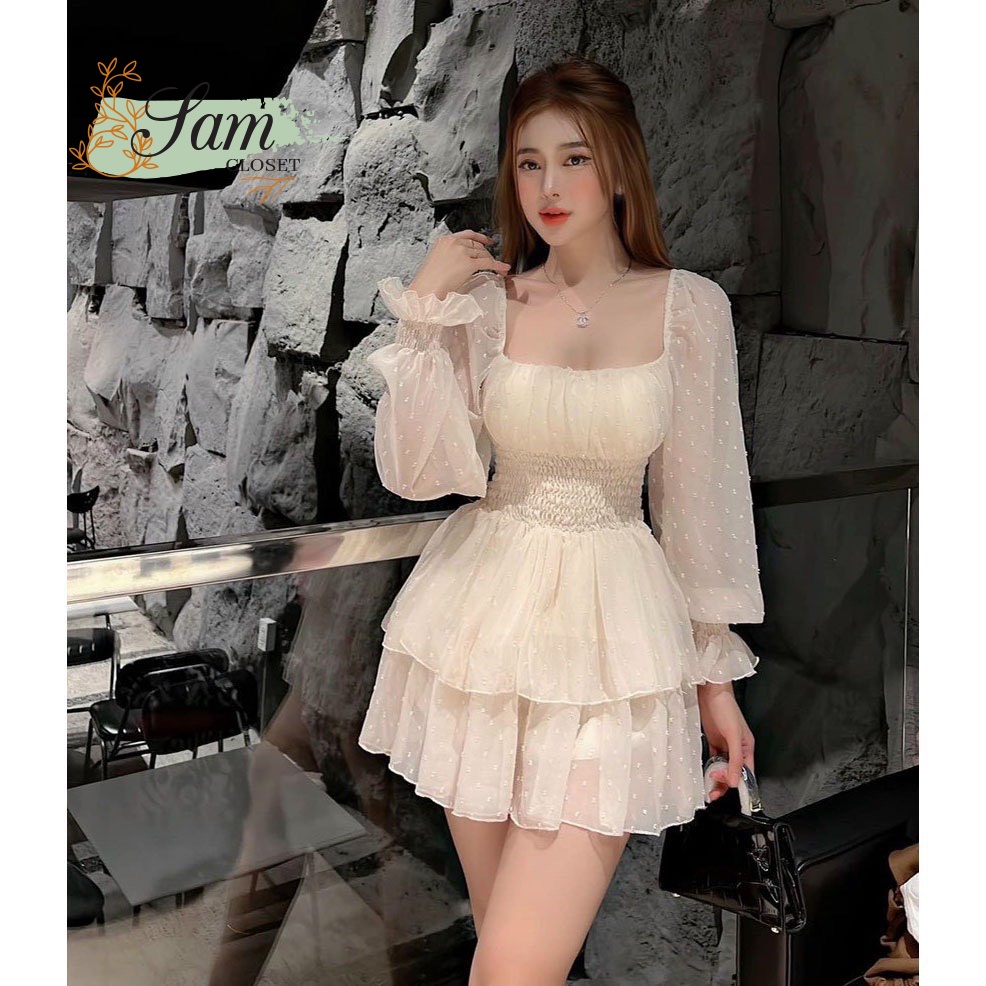 Đầm Nữ Tầng Cổ U Tay Phồng Lưới Bi  Thời Trang Nữ Sam Closet Free Size 40-55kg