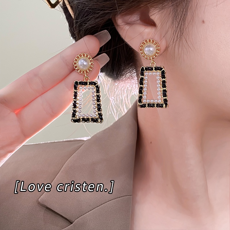 Bông Tai Mạ Bạc 925 Đính Ngọc Trai Đen Phong Cách Hàn Quốc