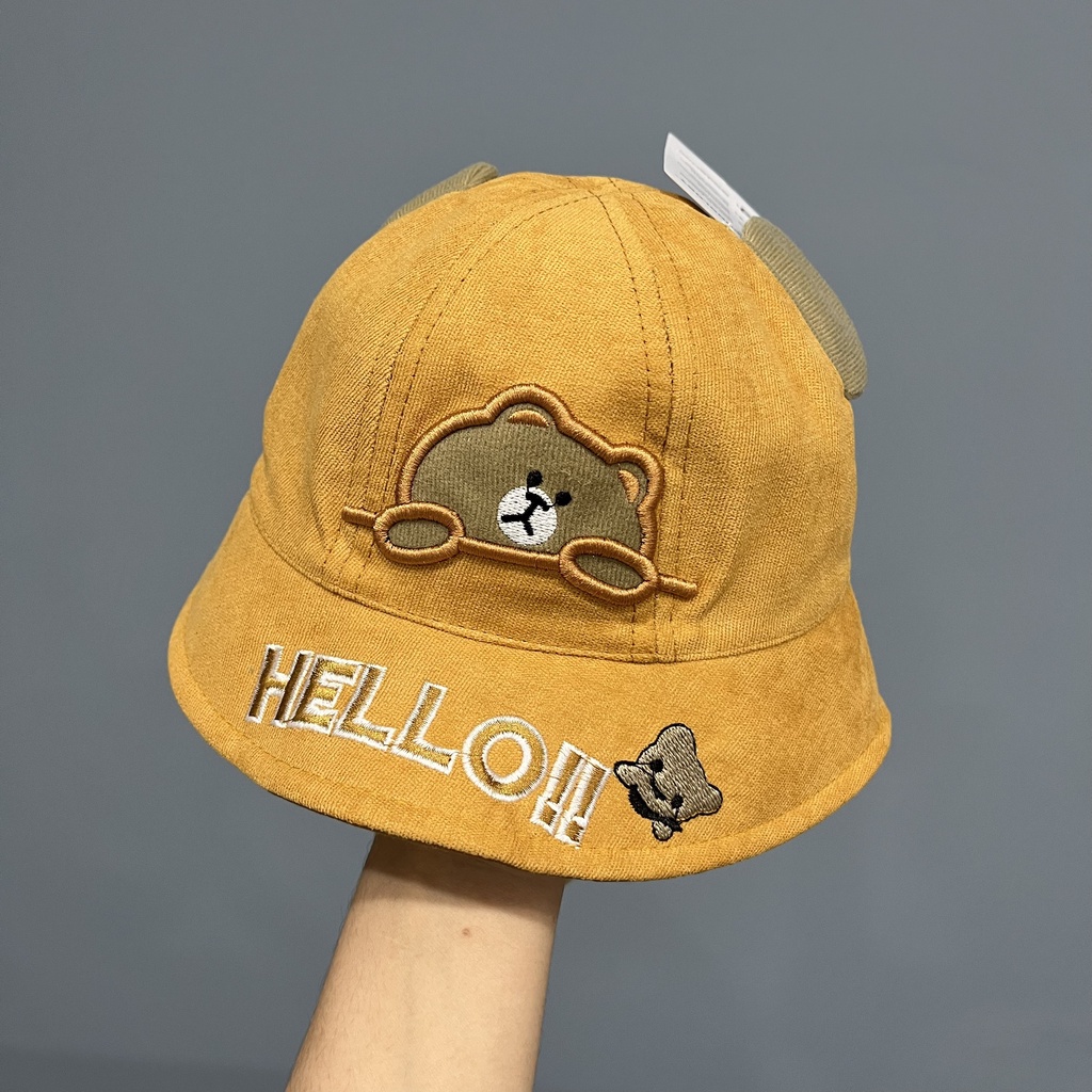 Mũ tai bèo họa tiết chú gấu hello phong cách Hàn Quốc thời trang dễ thương cho bé xanh vàng kem cam đỏ